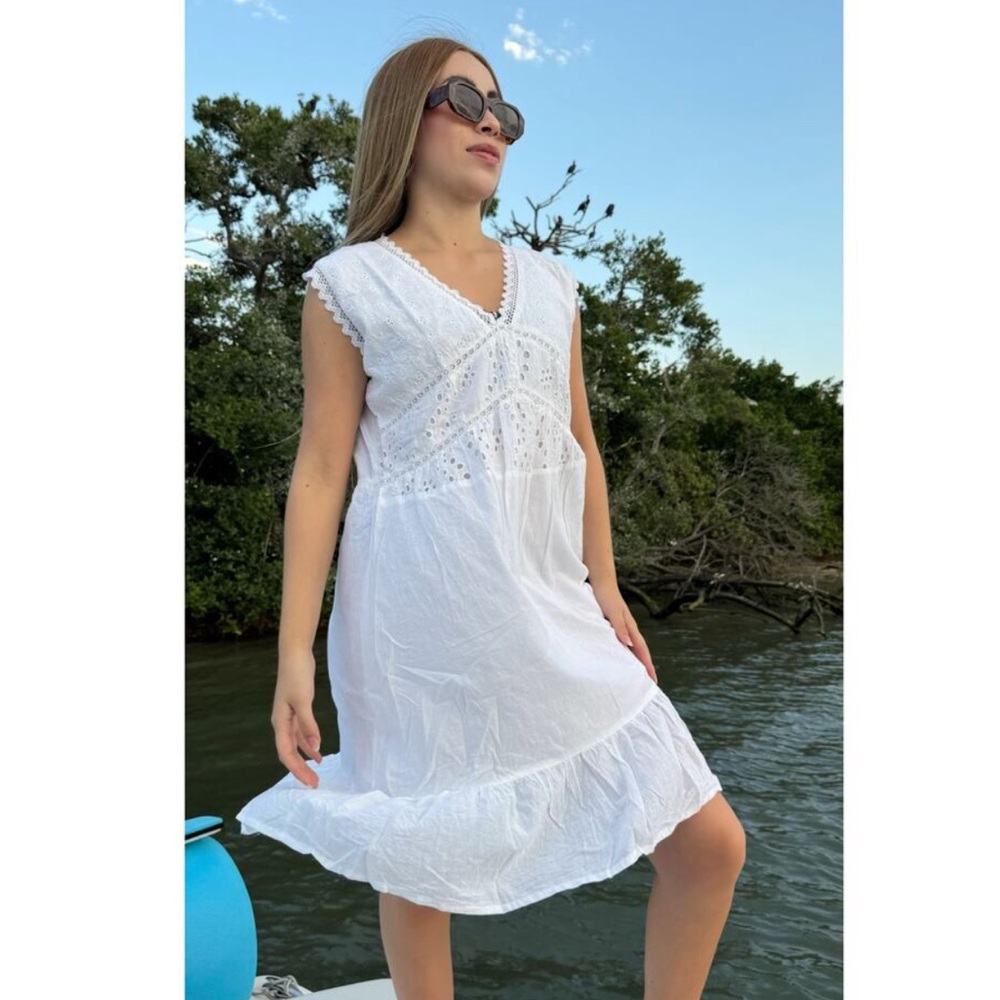 White Eyelet Mini Dress - Breezy V-Neck Summer Dress